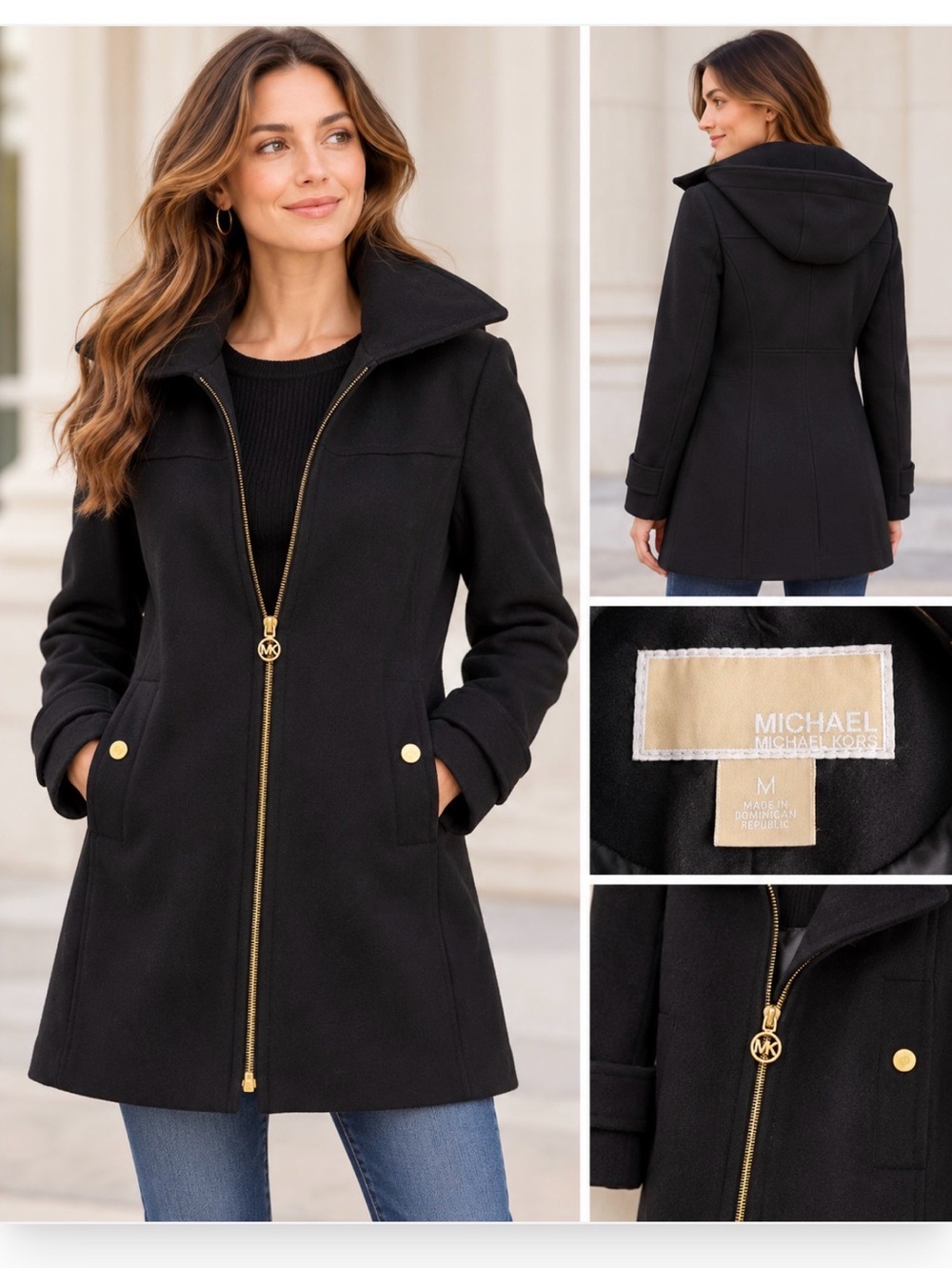 Michael Kors Black Zip-Front Pea Coat with Gold Hardware